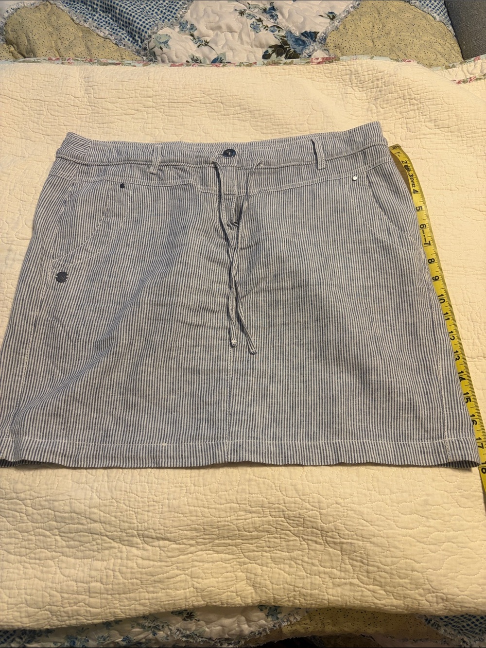 Dalia Blue and White Pinstripe Drawstring Mini Skirt
